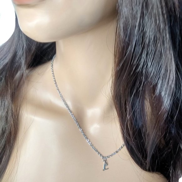 Silver Initial Necklace, Dainty Initial Necklace With Cursive Letter, Necklace - Picture 2 of 5